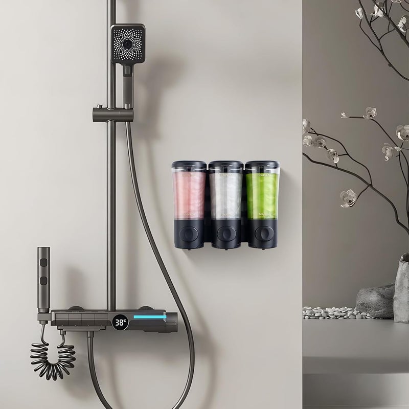 DOLPLEAP Shampoo Conditioner Body Wash Dispenser No Drill Shower Soap Dispenser Wall Mounted Shampoo Dispenser 3 Chamber with Upgrade Pump Head Bathroom Soap Dispenser 450ml/Each Black - Image 5
